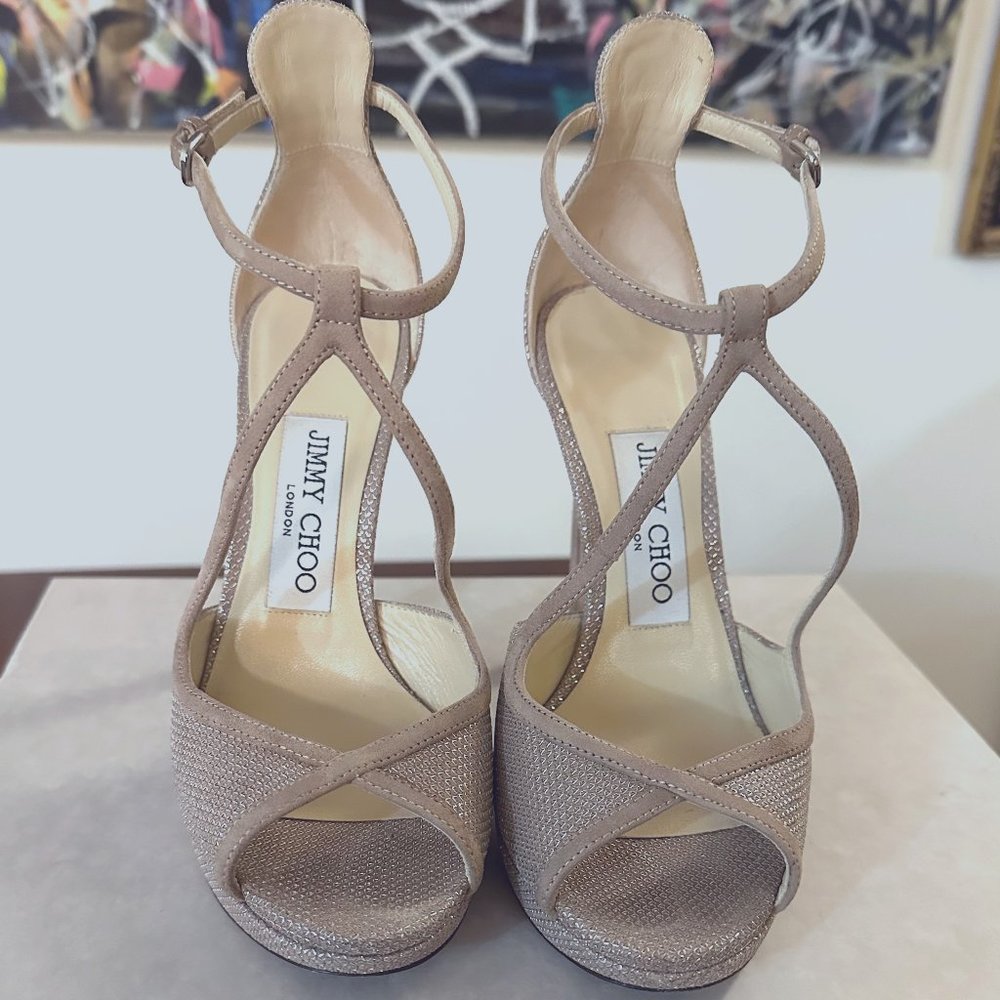 JIMMY CHOO  Fawne 120 glitter mesh on suede sandals/Size 35